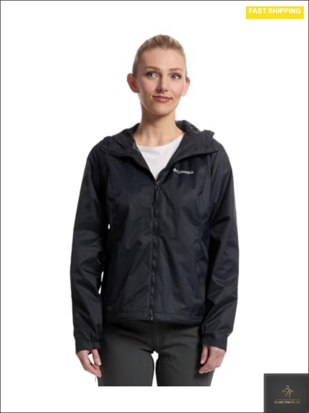 Women's Rain Jacket with Adjustable Hood and Zippered Pockets